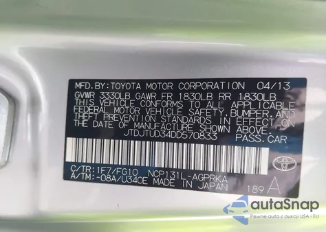 2013 Toyota Yaris L z USA, uszkodzony, nr VIN JTDJTUD34DD570833